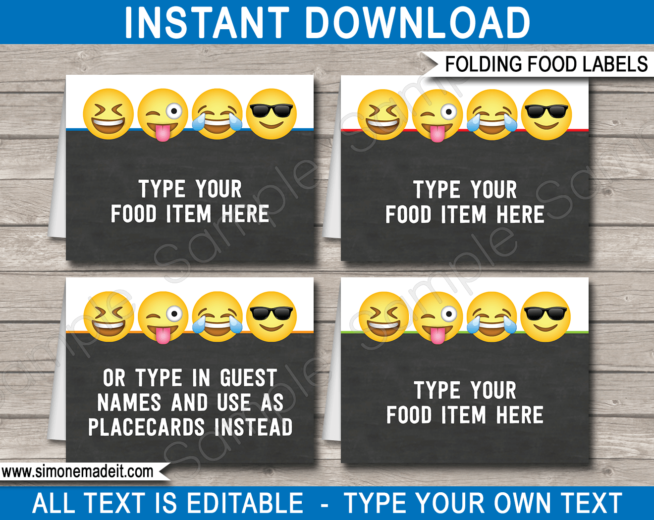 Emoji Theme Party Food Labels template for boys | Place Cards | Emoji Theme Birthday Party Decorations | DIY Editable & Printable template | INSTANT DOWNLOAD via simonemadeit.com