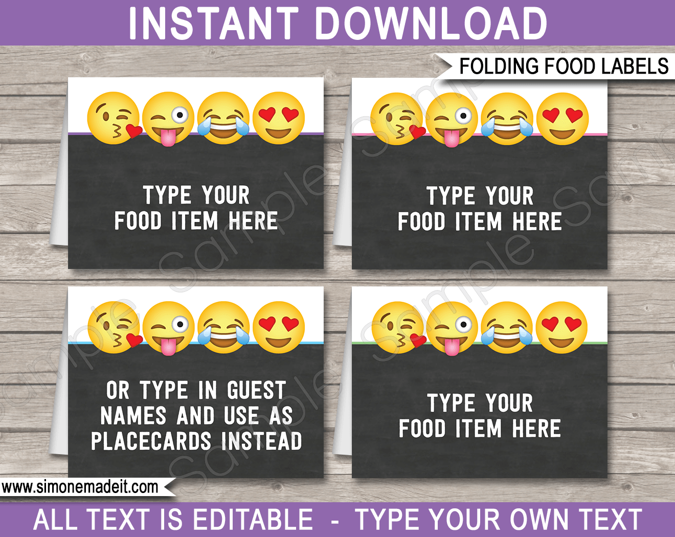 Emoji Party Food Labels template | Place Cards | Emoji Theme Birthday Party Decorations | DIY Editable & Printable template | INSTANT DOWNLOAD via simonemadeit.com