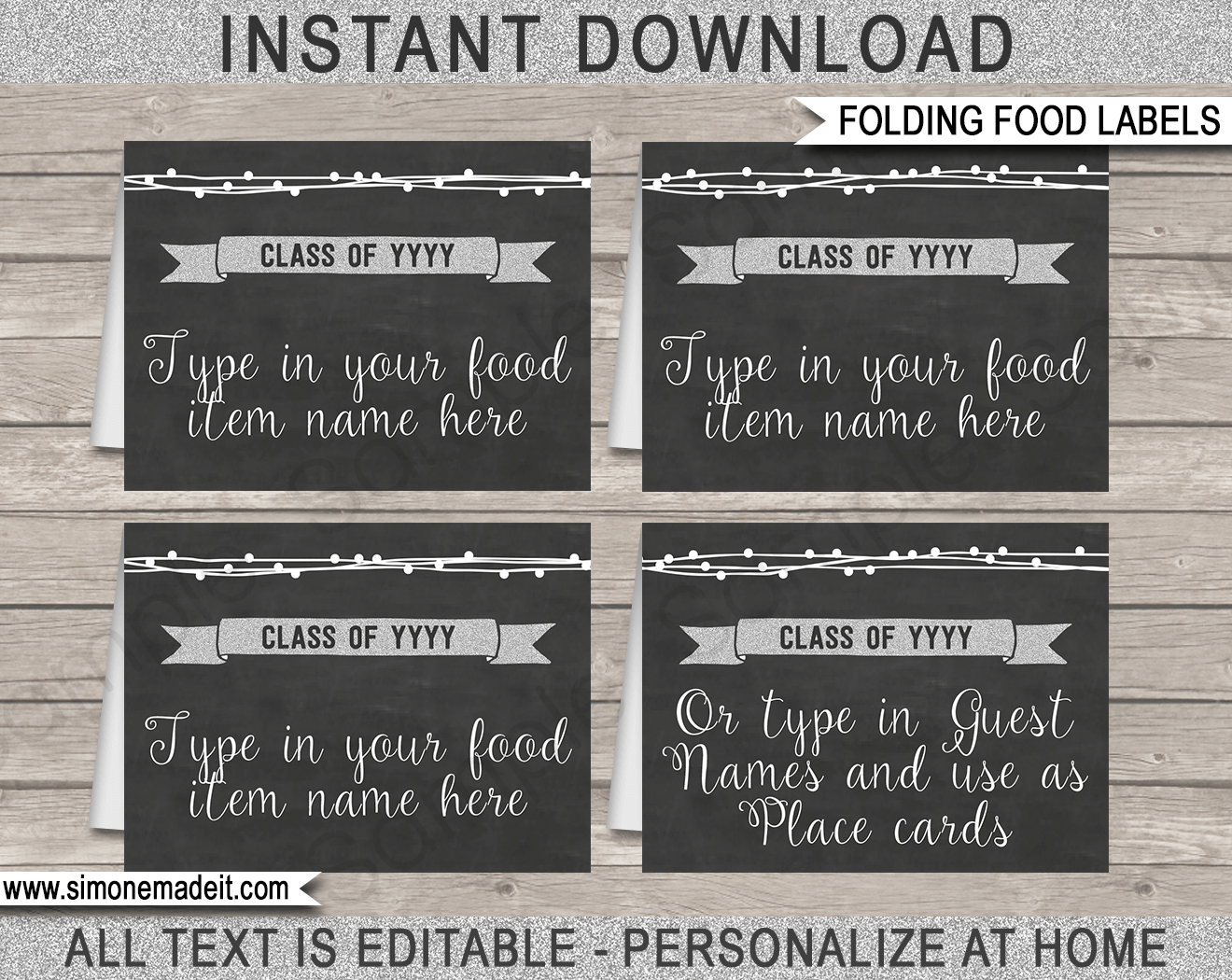 Printable Graduation Party Food Labels | Place Cards | Silver High School Graduation Decorations | Editable DIY Template | $3.00 INSTANT DOWNLOAD via SIMONEmadeit.com