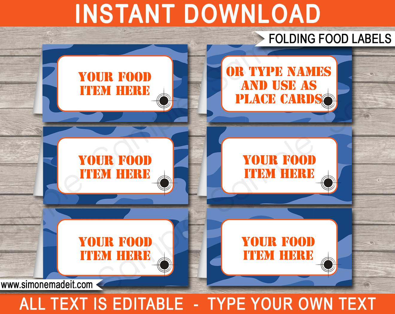 Nerf Food Labels | Food Buffet Cards | Place Cards |Printable Party Decorations | DIY Editable template | $3.00 Instant Download via simonemadeit.com