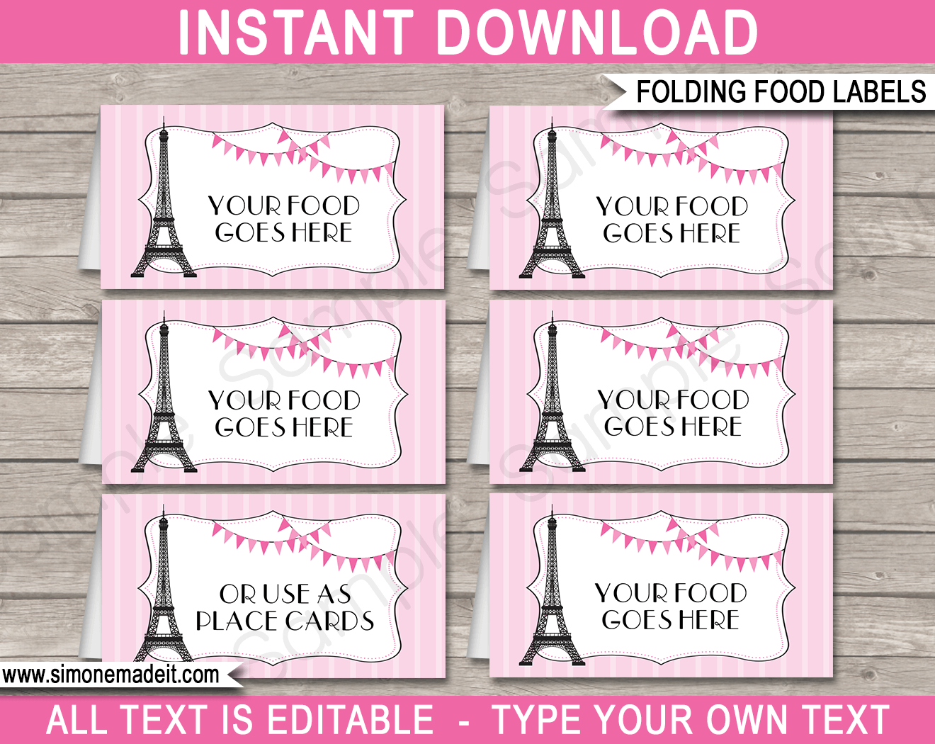 Paris Party Food Labels | Food Buffet Cards | Place Cards |Printable Party Decorations | DIY Editable template | $3.00 Instant Download via simonemadeit.com