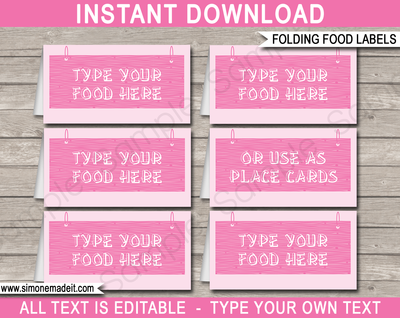 Pink Girl Camping Party Food Labels | Food Buffet Cards | Place Cards |Printable Party Decorations | DIY Editable template | $3.00 Instant Download via simonemadeit.com