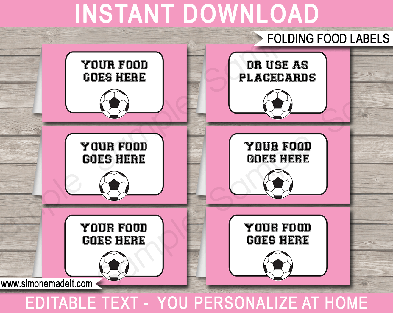 Girls Pink Soccer Birthday Party Food Labels Template | Food Buffet Tags | Place Cards | DIY Editable Text | $3.00 INSTANT DOWNLOAD via SIMONEmadeit.com