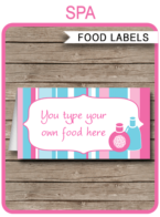 Spa Party Food Labels | Food Buffet Tags | Place Cards | Birthday Party | Editable DIY Template | $3.00 INSTANT DOWNLOAD via SIMONEmadeit.com
