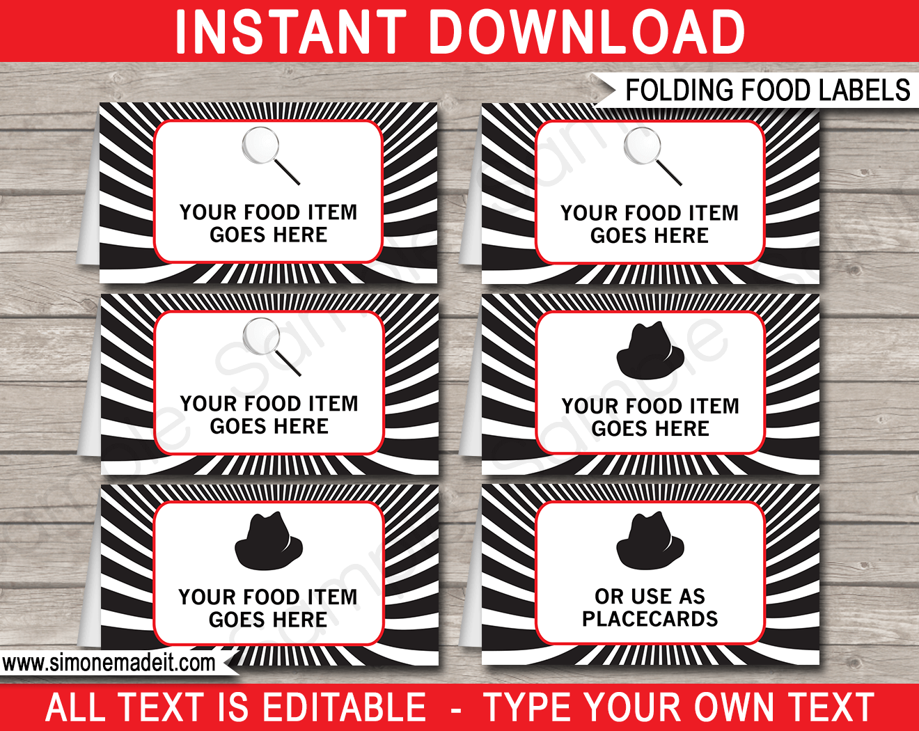 Printable Spy Party Food Labels Template | Food Tags | Place Cards | Secret Agent Birthday Party | DIY Editable Text | $3.00 INSTANT DOWNLOAD via SIMONEmadeit.com