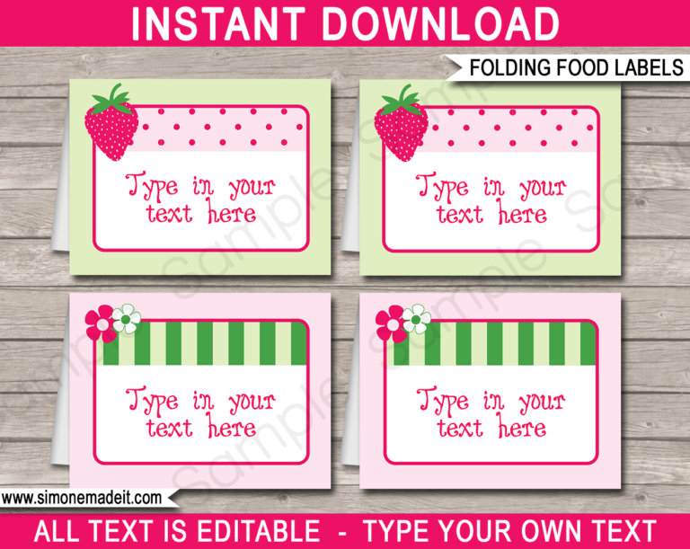 Strawberry Shortcake Party Food Labels Template | Printable Decorations