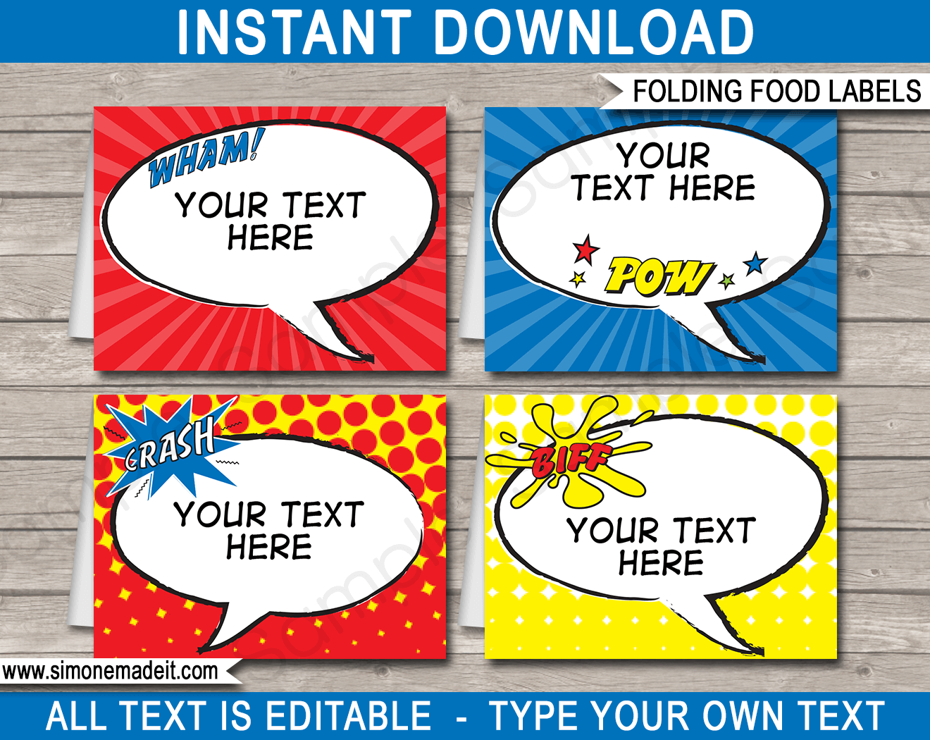 Printable Superhero Party Food Labels Template | Food Buffet Tags | Place Cards | Birthday Party | Editable DIY Template | $3.00 INSTANT DOWNLOAD via SIMONEmadeit.com
