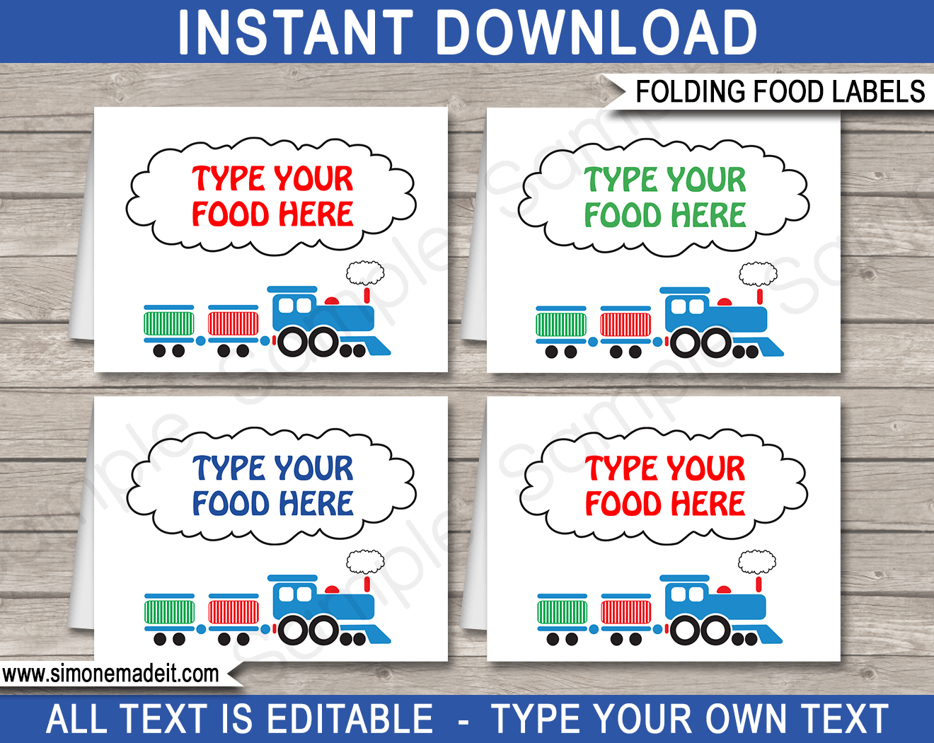 Printable Steam Train Birthday Party Food Labels template | Place Cards | Decorations | DIY Editable text | INSTANT DOWNLOAD via simonemadeit.com