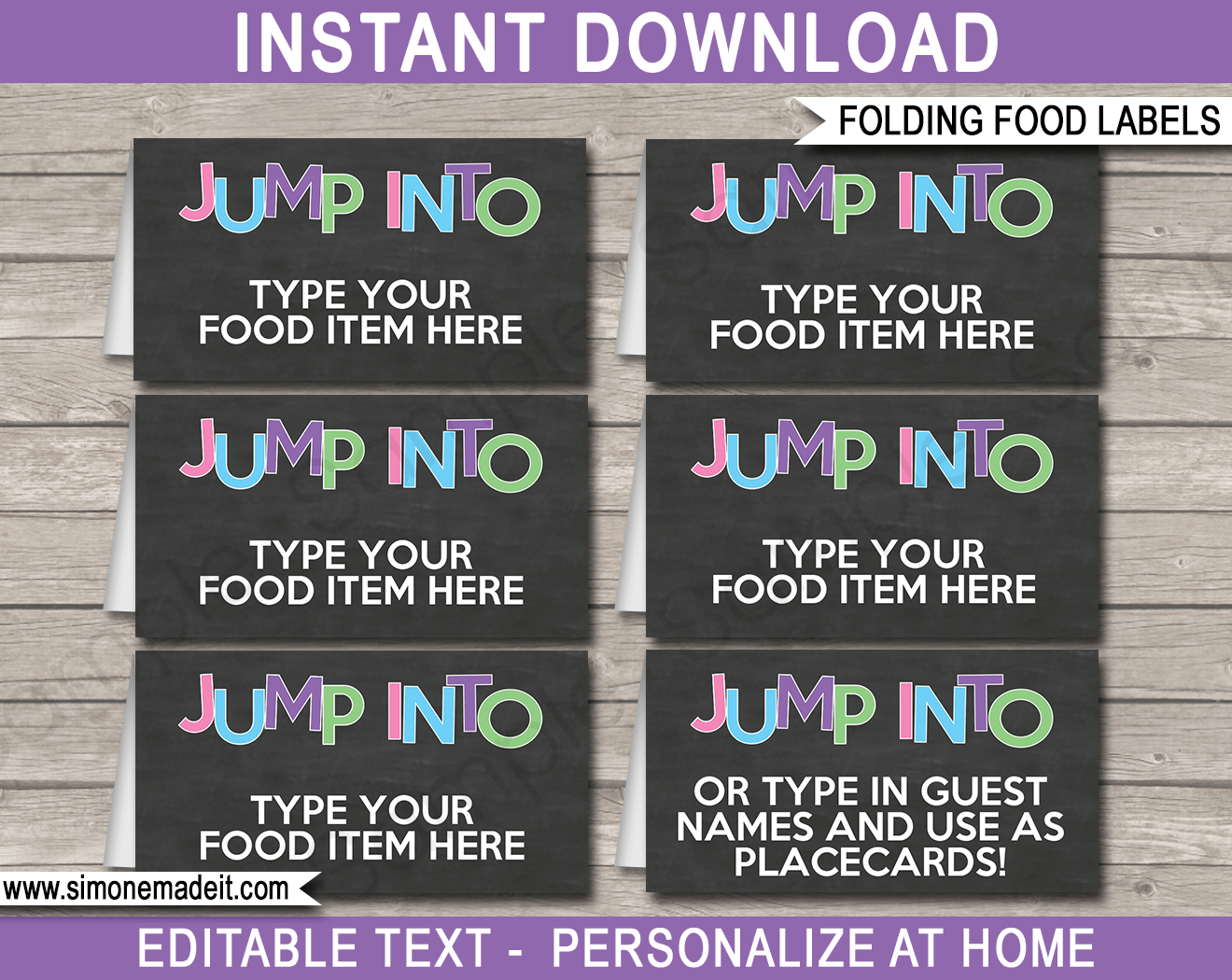 Trampoline Theme Party Food Labels template | Place Cards | Printable Birthday Party Decorations | DIY Editable template | INSTANT DOWNLOAD via simonemadeit.com