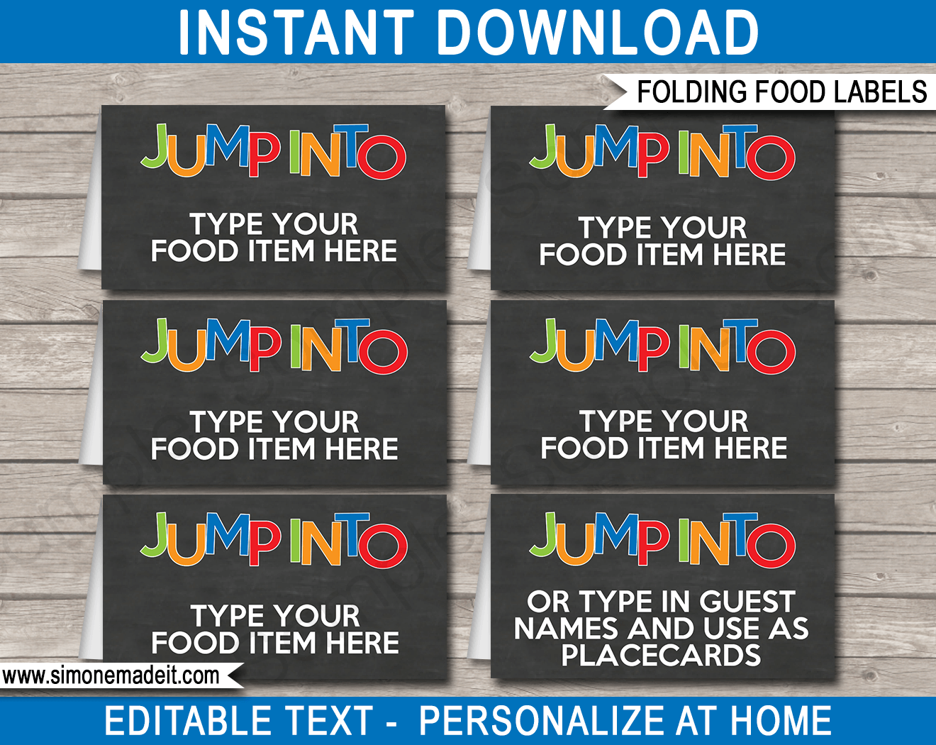 Trampoline Party Food Labels template | Place Cards | Printable Birthday Party Decorations | DIY Editable template | INSTANT DOWNLOAD via simonemadeit.com