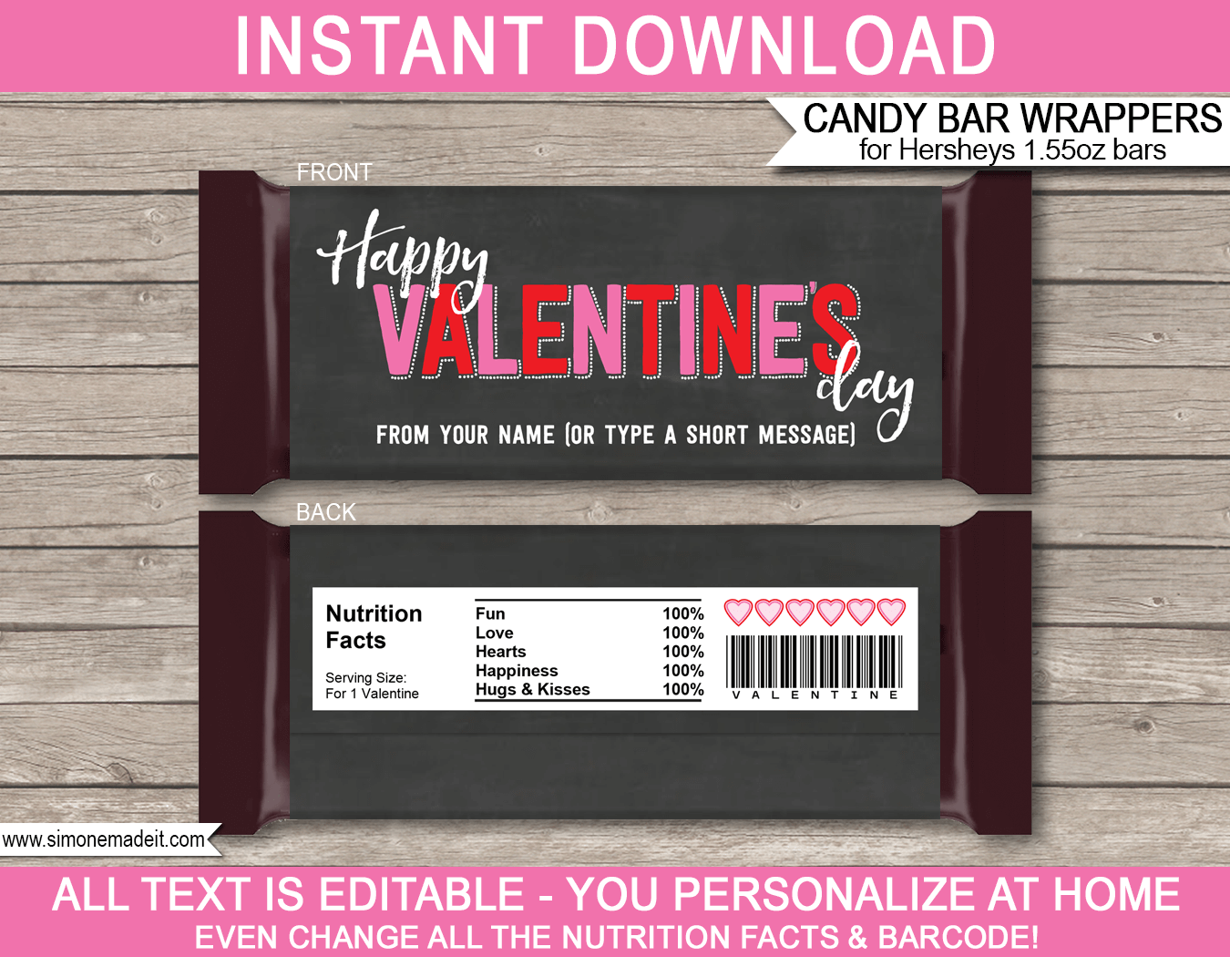 Valentine's Day Candy Bar Wrappers | Hershey 1.55oz Milk Chocolate Labels | Personalized Candy Bars | Editable Template | INSTANT DOWNLOAD $3.00 via simonemadeit.com