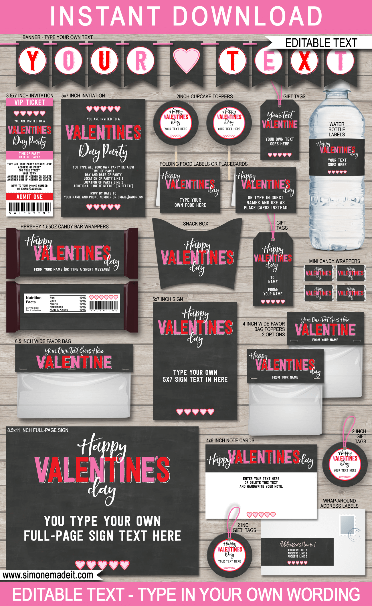 Valentine's Day Printables, Party Invitations & Decorations | DIY Editable Templates | INSTANT DOWNLOAD via simonemadeit.com