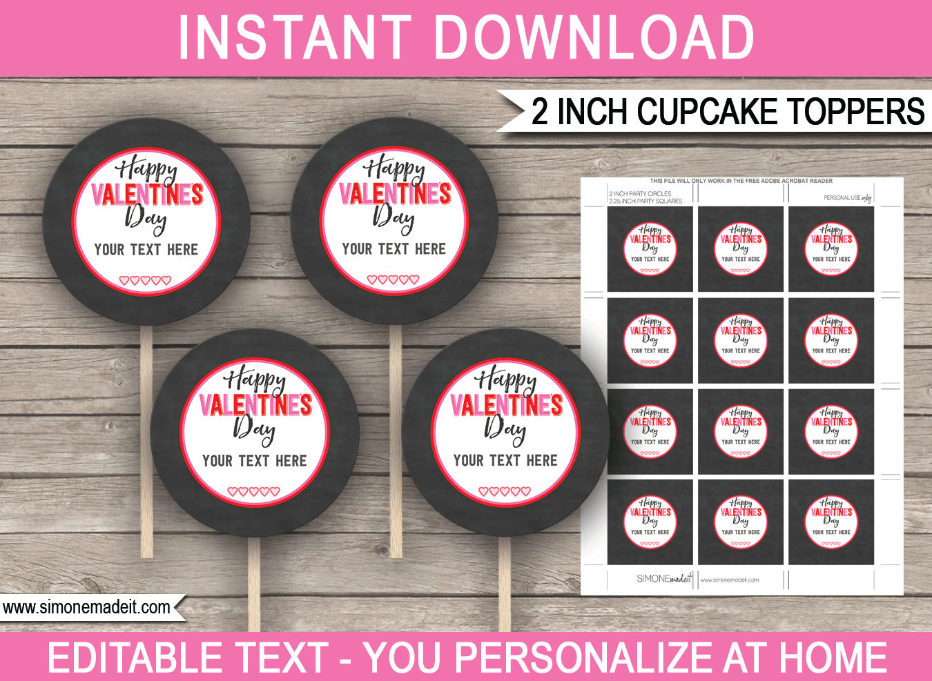 Free Valentine's Day Cupcake Toppers | 2 inch | Gift Tags | DIY Editable & Printable Template | INSTANT DOWNLOAD via simonemadeit.com