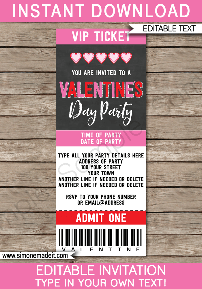 Valentine's Day Ticket Invitations Template - Valentine's Day Party - Chalkboard Invite - Editable & Printable - INSTANT DOWNLOAD via simonemadeit.com