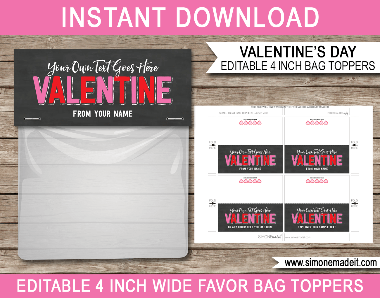 Printable Valentines Day Printable Gift Bag Toppers Template | Be my Valentine | DIY Editable Text | INSTANT DOWNLOAD via simonemadeit.com