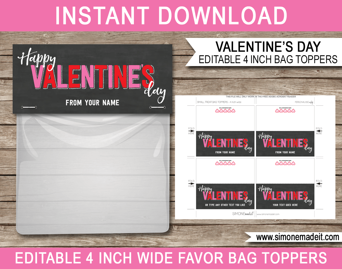 Valentines Day Gift Bag Toppers | Happy Valentine's Day |  DIY Editable & Printable Template | INSTANT DOWNLOAD via simonemadeit.com