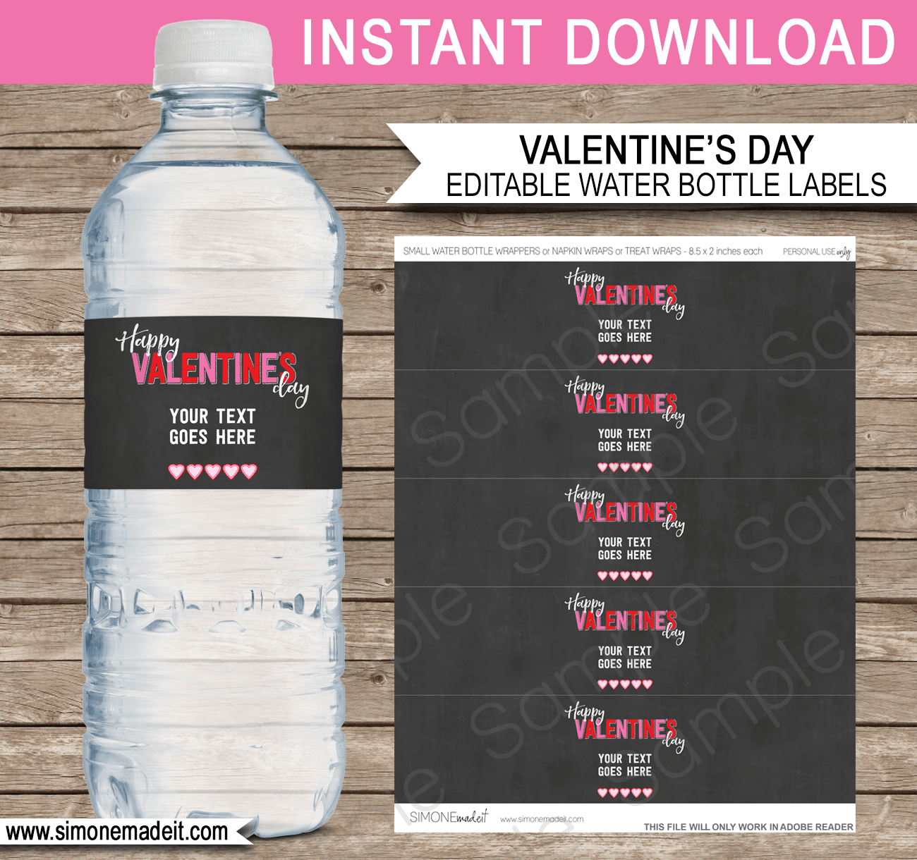 Printable Valentines Day Water Bottle Labels Template | Napkin Wraps | Treat Wraps | DIY Editable Text | INSTANT DOWNLOAD via simonemadeit.com