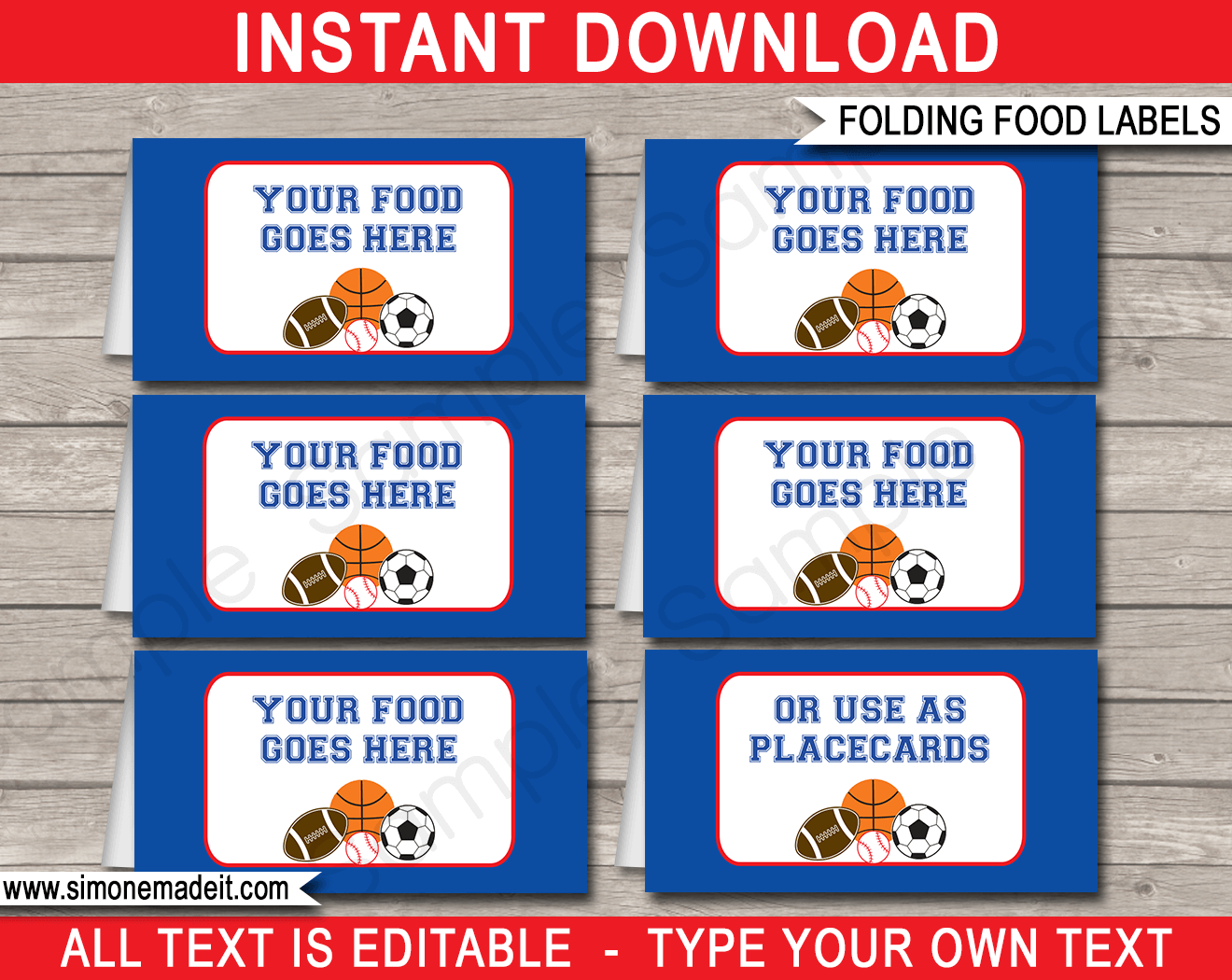 Printable All Star Sports Party Food Labels | Food Buffet Tags | Tent Cards | Place Cards | All Star Sports Theme Birthday Party Decorations | DIY Editable Template | Instant Download via simonemadeit.com