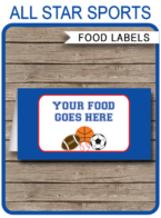 Printable All Star Sports Party Food Labels | Food Buffet Tags | Tent Cards | Place Cards | All Star Sports Theme Birthday Party Decorations | DIY Editable Template | Instant Download via simonemadeit.com