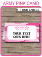 Printable Pink Camo Food Labels | Food Buffet Tags | Tent Cards | Place Cards | Army Theme Birthday Party Decorations | DIY Editable Template | Instant Download via simonemadeit.com