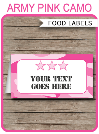 Printable Pink Army Soldier Military Camo Party Placecards Buffet Station Food Tent Cards INSTANT DOWNLOAD PDF File