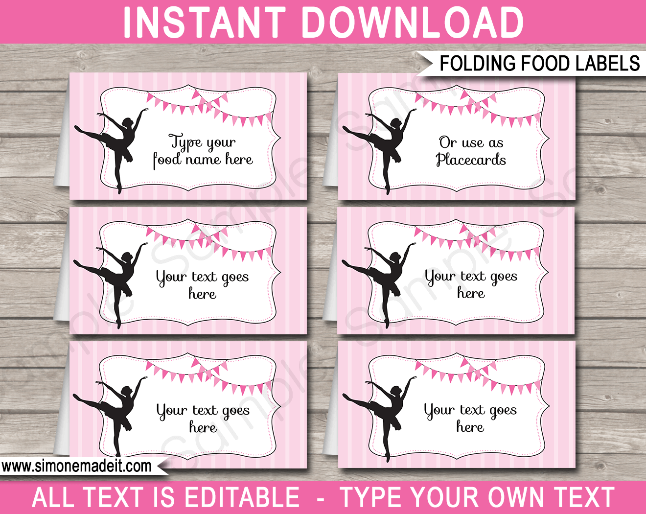 Printable Ballerina Party Food Labels | Food Buffet Tags | Tent Cards | Place Cards | Ballet Theme Birthday Party Decorations | DIY Editable Template | Instant Download via simonemadeit.com