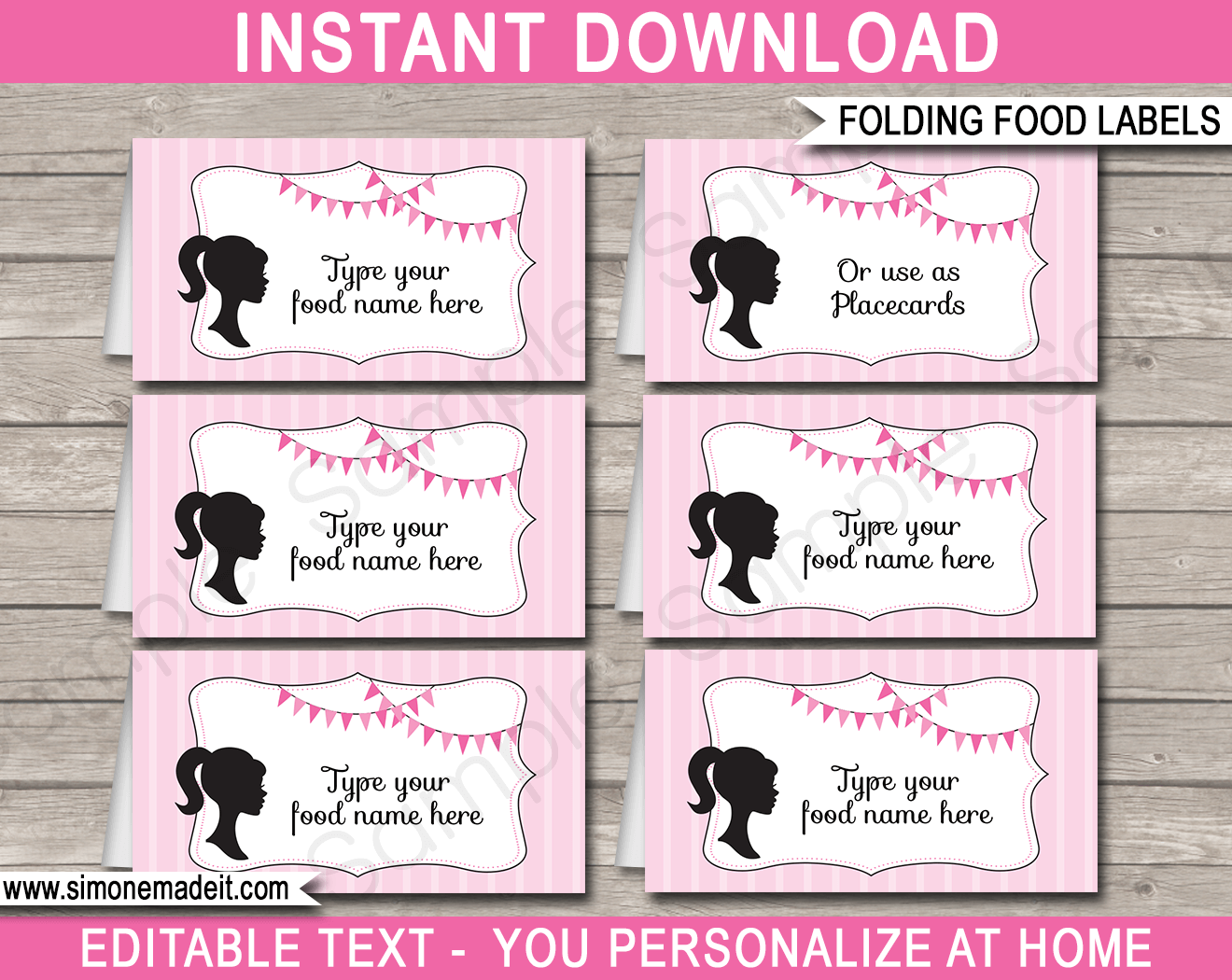 Printable Barbie Party Food Labels | Food Buffet Tags | Tent Cards | Place Cards | Barbie Theme Birthday Party Decorations | DIY Editable Template | Instant Download via simonemadeit.com