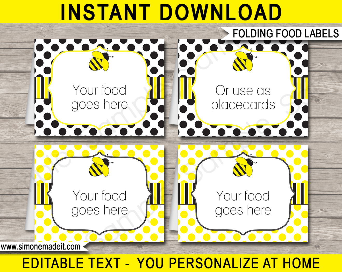 Printable Bee Party Food Labels | Food Buffet Tags | Tent Cards | Place Cards | Bee Theme Birthday Party Decorations | DIY Editable Template | Instant Download via simonemadeit.com