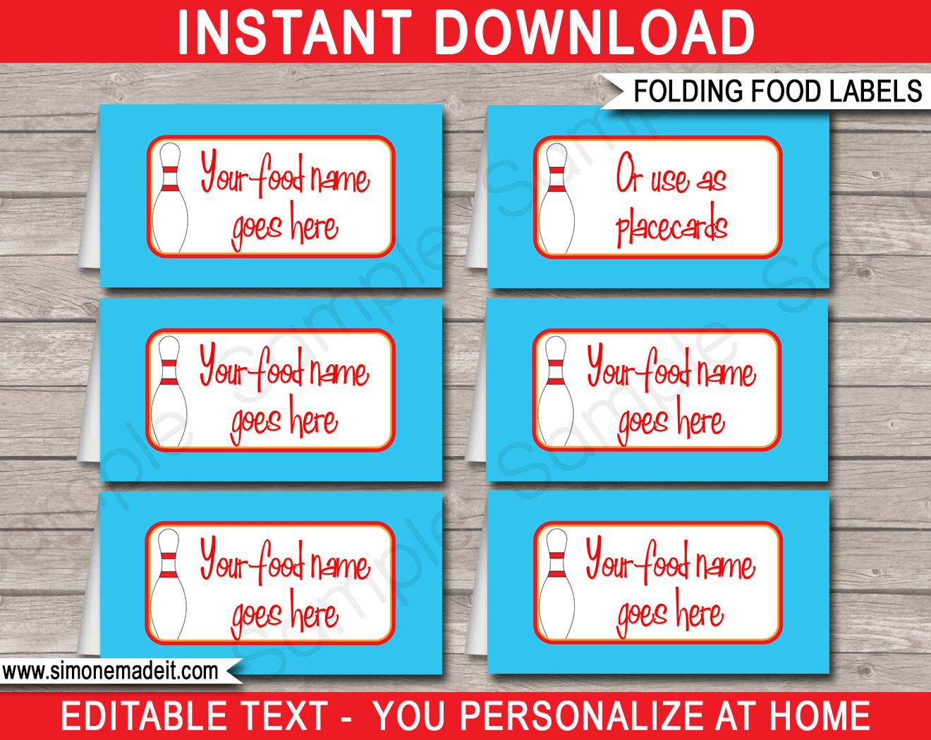 Printable Bowling Party Food Labels | Food Buffet Tags | Tent Cards | Place Cards | Bowling Theme Birthday Party Decorations | DIY Editable Template | Instant Download via simonemadeit.com