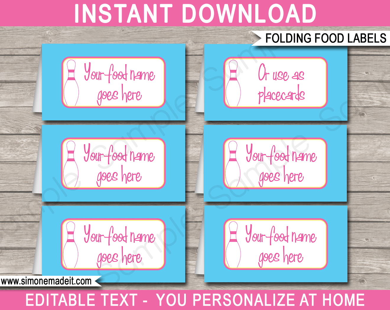 Printable Bowling Theme Food Labels | Food Buffet Tags | Tent Cards | Place Cards | Girls Bowling Birthday Party Decorations | DIY Editable Template | Instant Download via simonemadeit.com