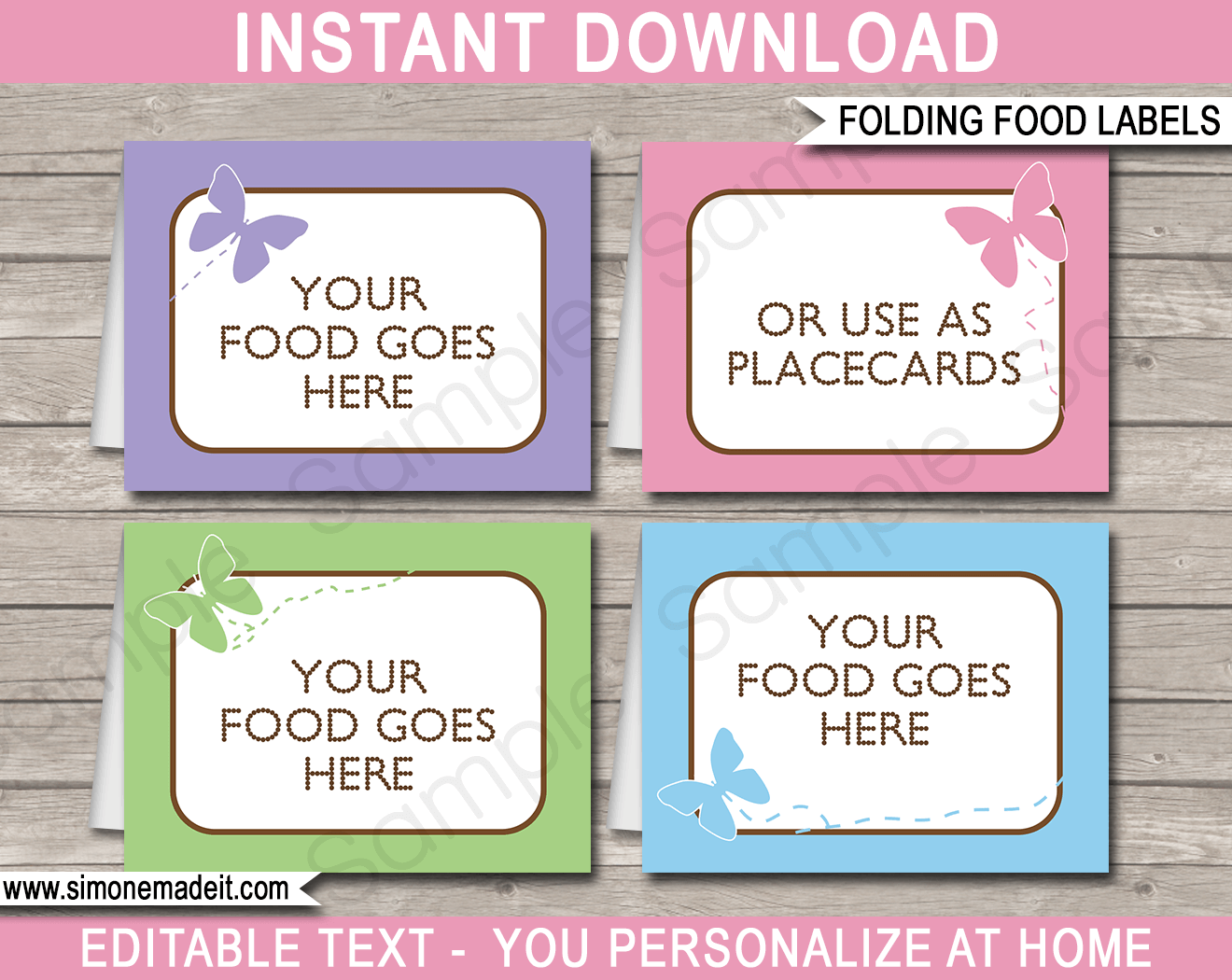 Butterfly Party Food Labels Place Cards Printable Editable