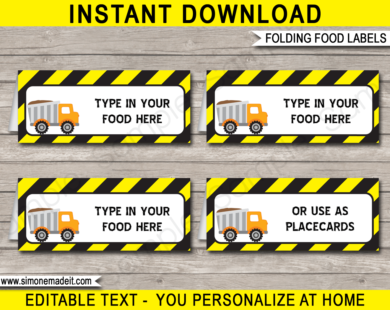 Construction Party Food Labels Template Place Cards Dump Truck