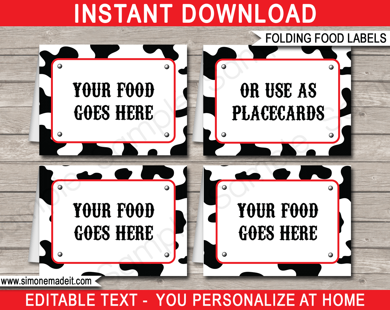 Printable Cowboy Party Food Labels | Food Buffet Tags | Tent Cards | Place Cards | Cowboy Theme Birthday Party Decorations | DIY Editable Template | Instant Download via simonemadeit.com