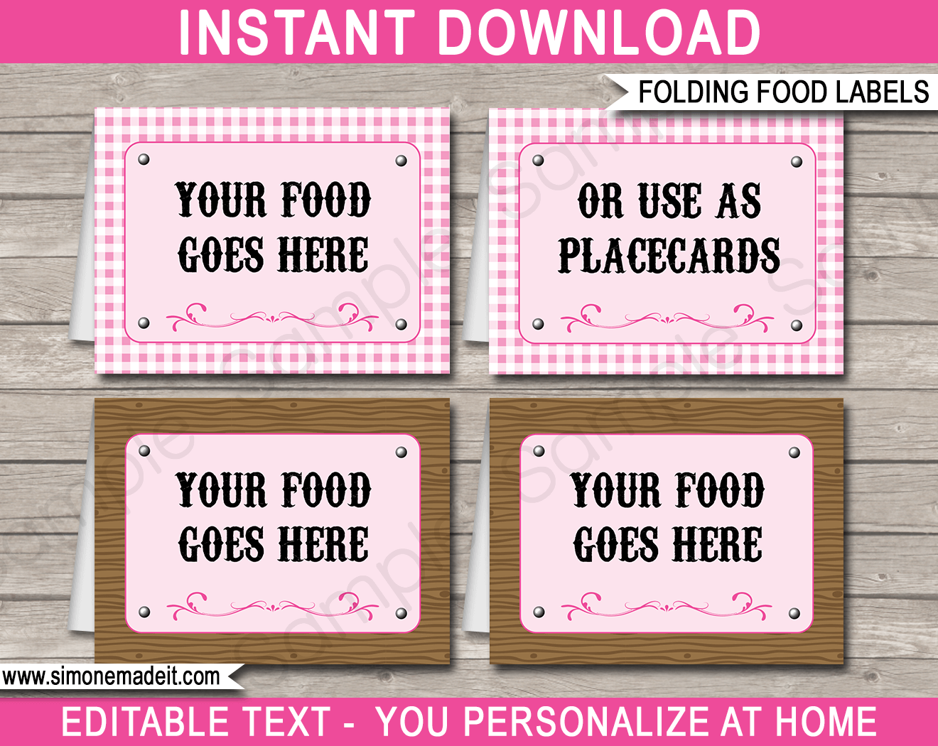 Printable Cowgirl Party Food Labels | Food Buffet Tags | Tent Cards | Place Cards | Cowgirl Theme Birthday Party Decorations | DIY Editable Template | Instant Download via simonemadeit.com