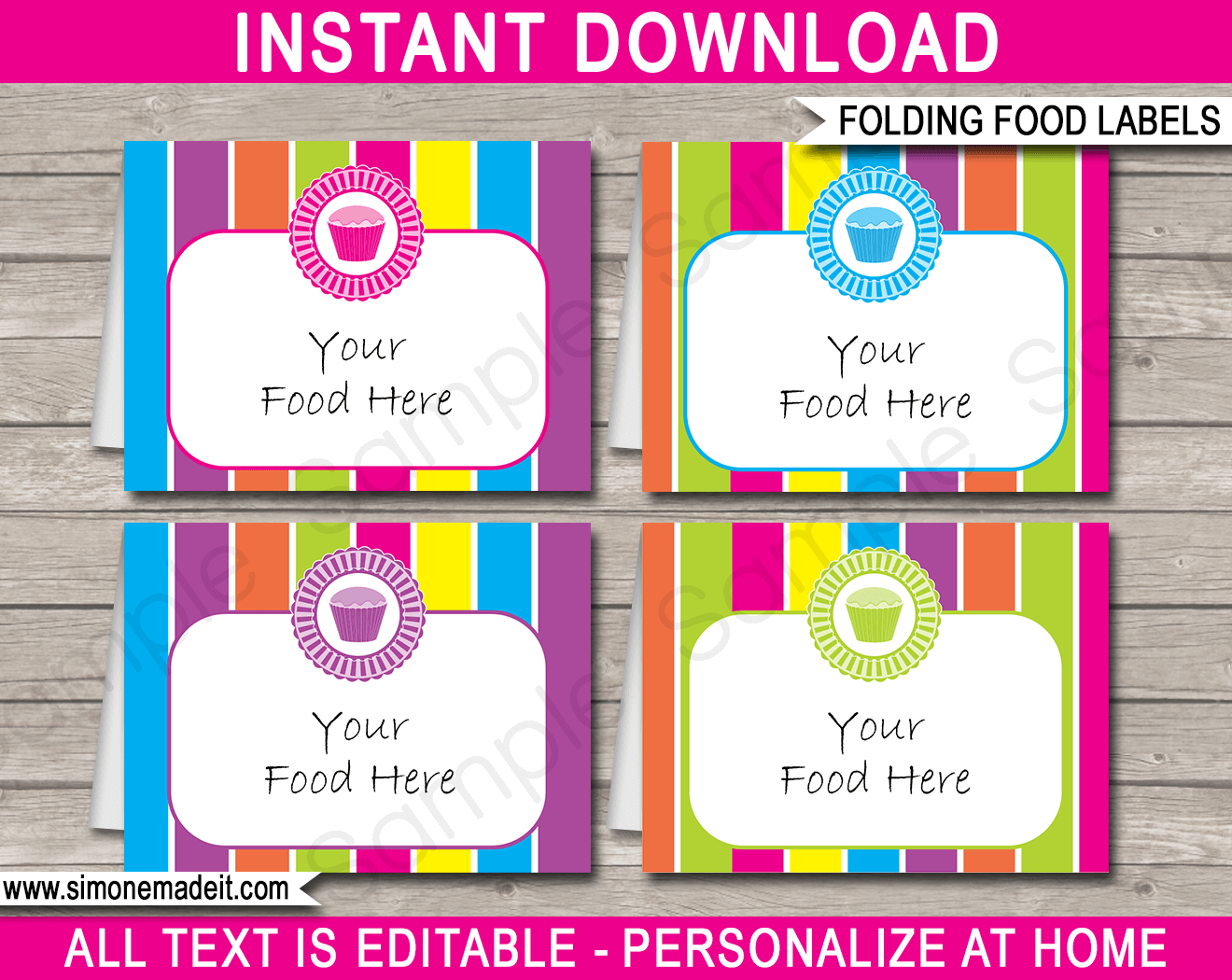 Printable Cupcake Party Food Labels | Food Buffet Tags | Tent Cards | Place Cards | Cupcake Theme Birthday Party Decorations | DIY Editable Template | Instant Download via simonemadeit.com