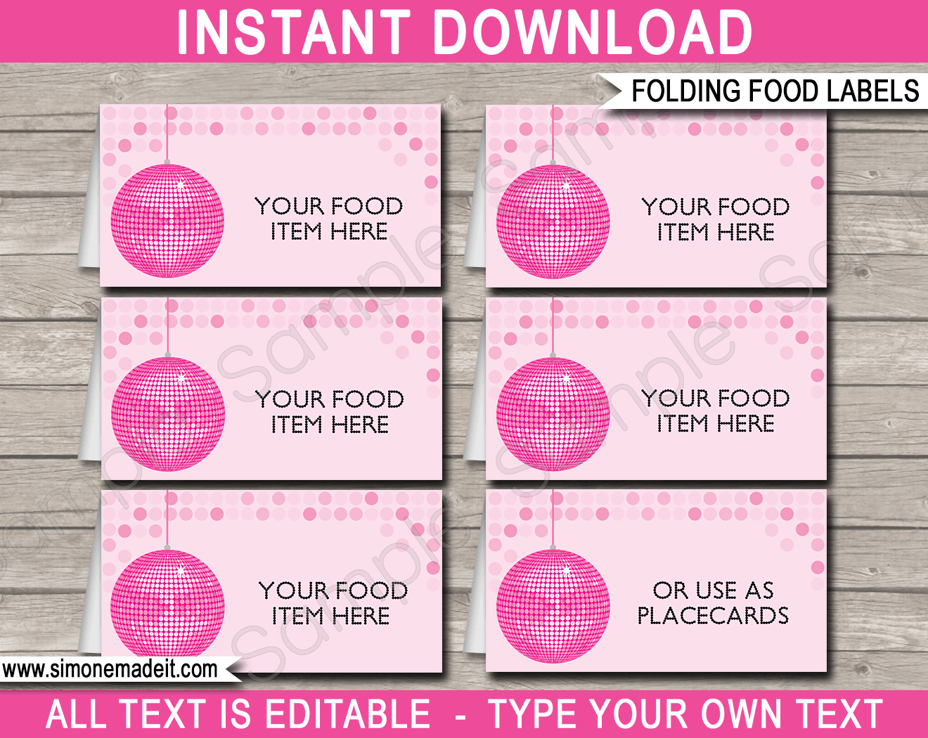 Printable Disco Party Food Labels | Food Buffet Tags | Tent Cards | Place Cards | Disco Theme Birthday Party Decorations | DIY Editable Template | Instant Download via simonemadeit.com