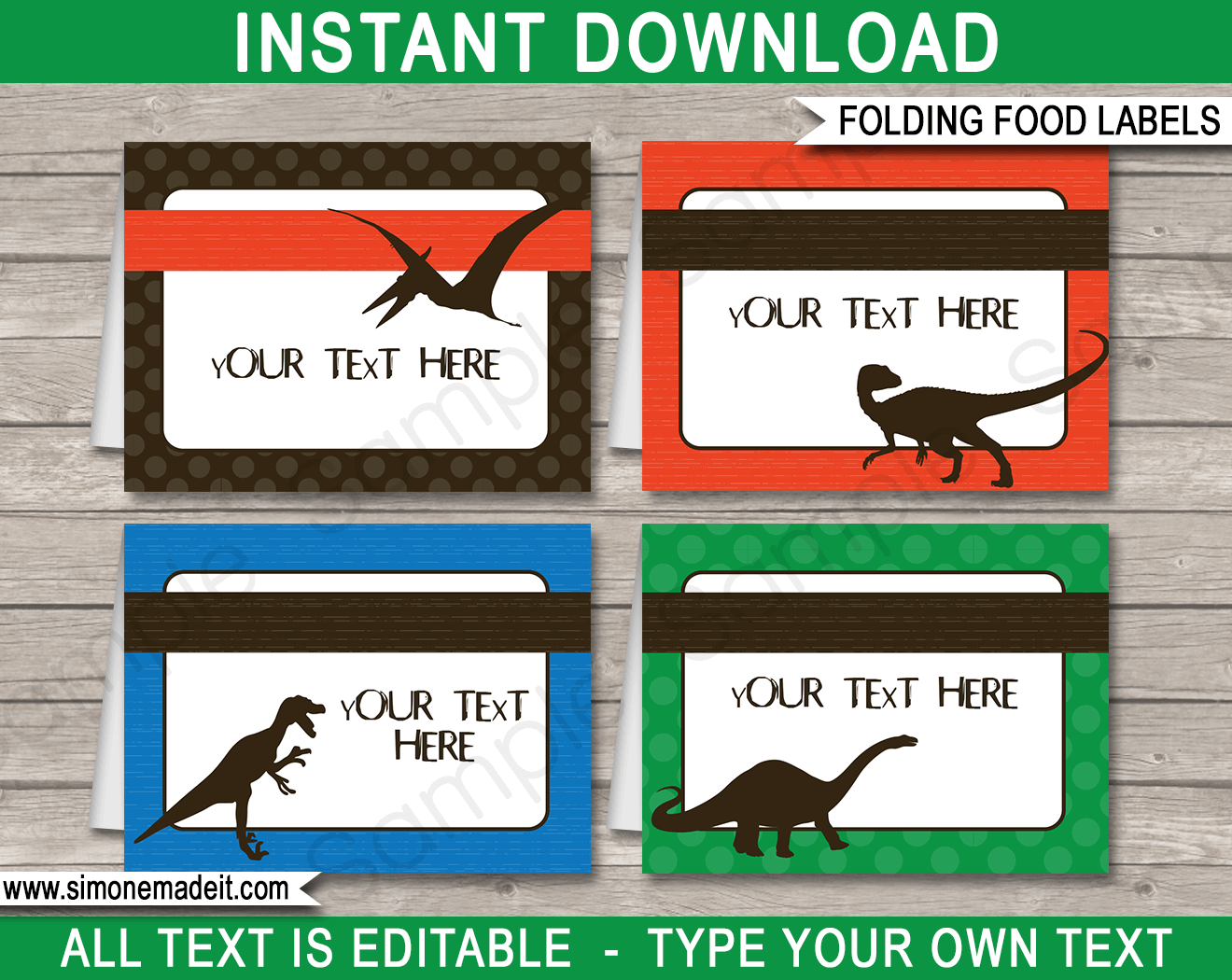 Printable Dinosaur Theme Food Labels | Food Buffet Tags | Tent Cards | Place Cards | Dinosaur Birthday Party Decorations | DIY Editable Template | Instant Download via simonemadeit.com