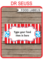 Printable Dr Seuss Party Food Labels | Food Buffet Tags | Tent Cards | Place Cards | Dr Seuss Theme Birthday Party Decorations | DIY Editable Template | Instant Download via simonemadeit.com