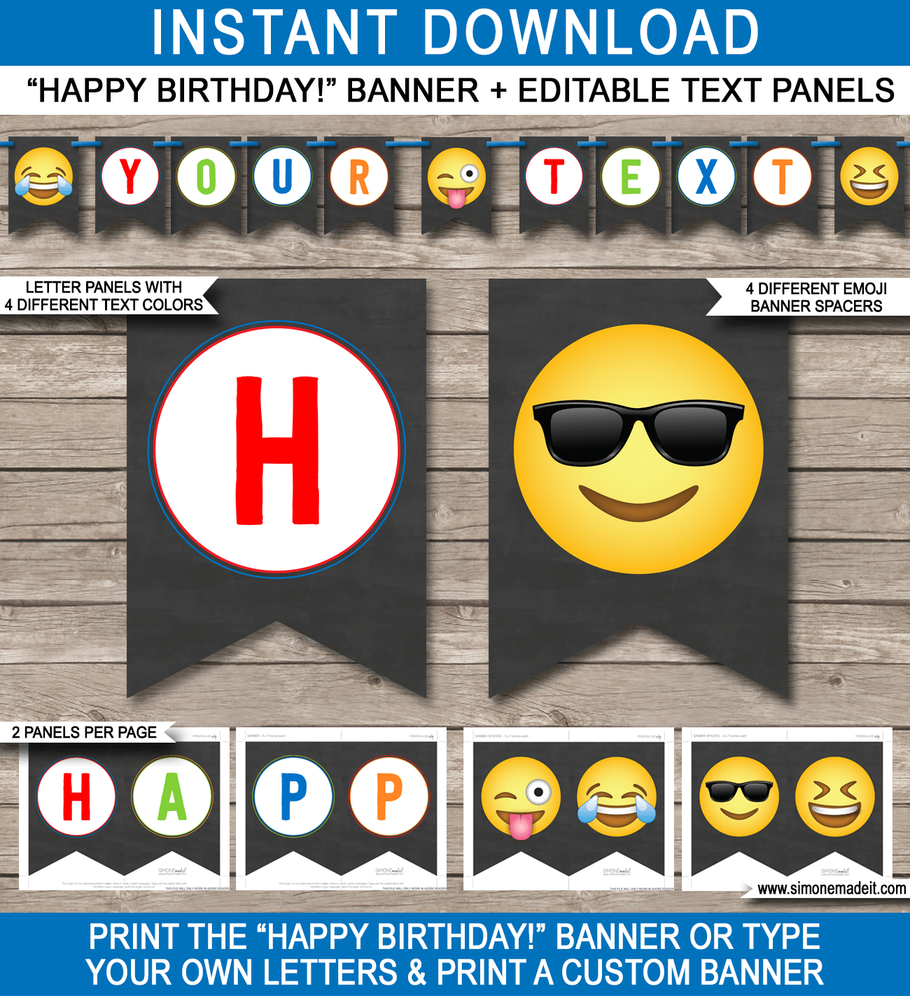 Boys Emoji Printable Banner Template - Emoji Theme Bunting - Happy Birthday Banner - Birthday Party - Editable DIY Template - INSTANT DOWNLOAD via simonemadeit.com