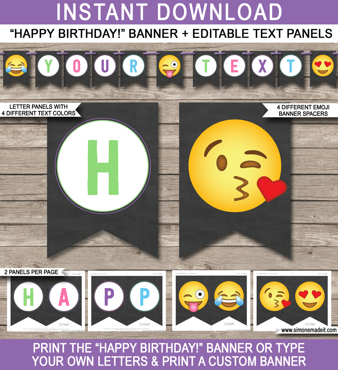 Emoji Party Pennant Banner Template - Emoji Theme Bunting - Happy Birthday Banner - Birthday Party - Editable and Printable DIY Template - INSTANT DOWNLOAD via simonemadeit.com