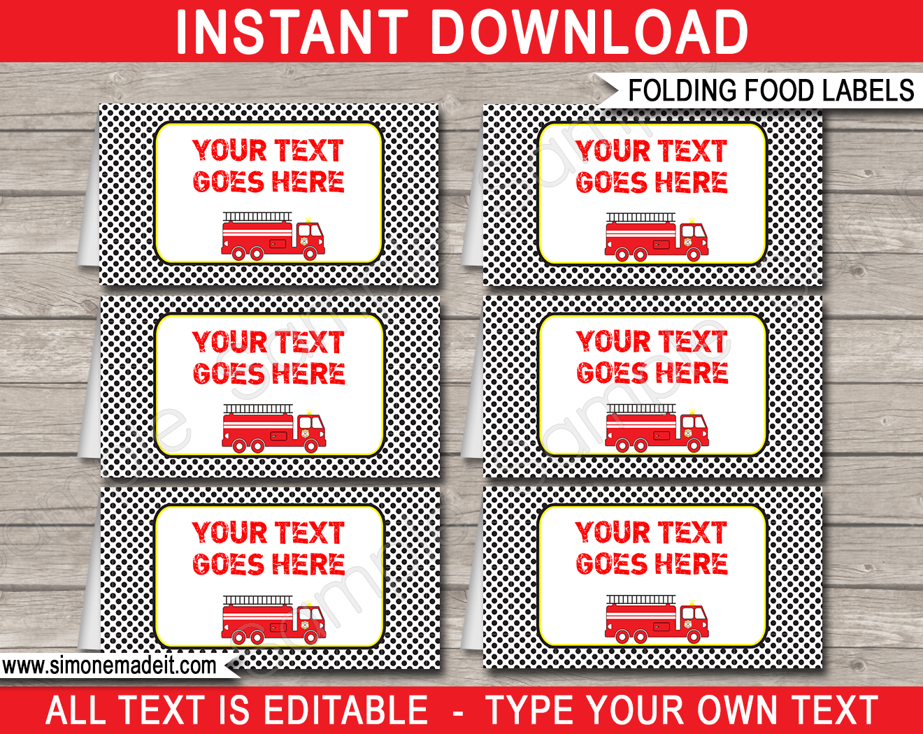 Firetruck Fire Truck Party Fireman Firefighter Tent Cards Dalmation Fire Truck Food Labels INSTANT DOWNLOAD Printable Place Cards