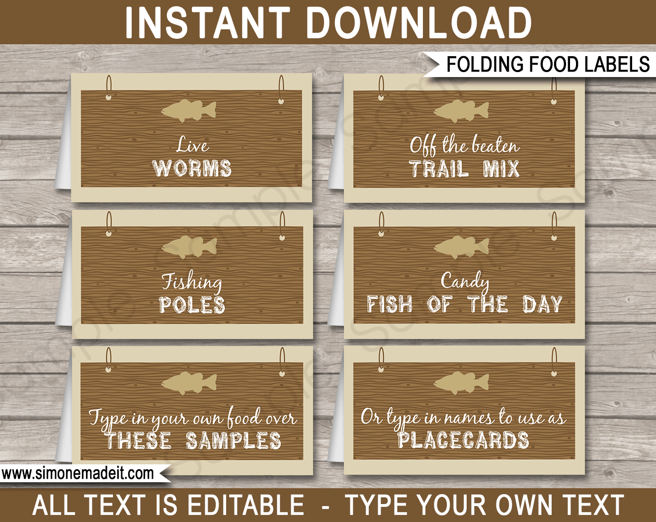 Printable Fishing Party Food Labels | Food Buffet Tags | Tent Cards | Place Cards | Fishing Theme Birthday Party Decorations | DIY Editable Template | Instant Download via simonemadeit.com