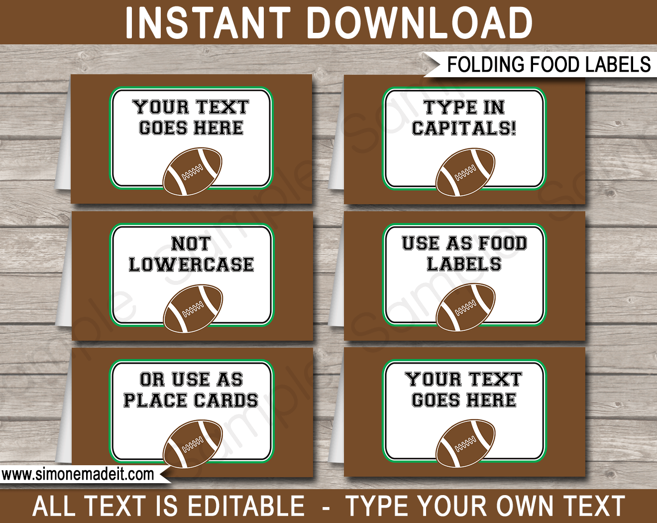 Printable Football Party Food Labels | Food Buffet Tags | Tent Cards | Place Cards | Football Theme Birthday Party Decorations | DIY Editable Template | Instant Download via simonemadeit.com