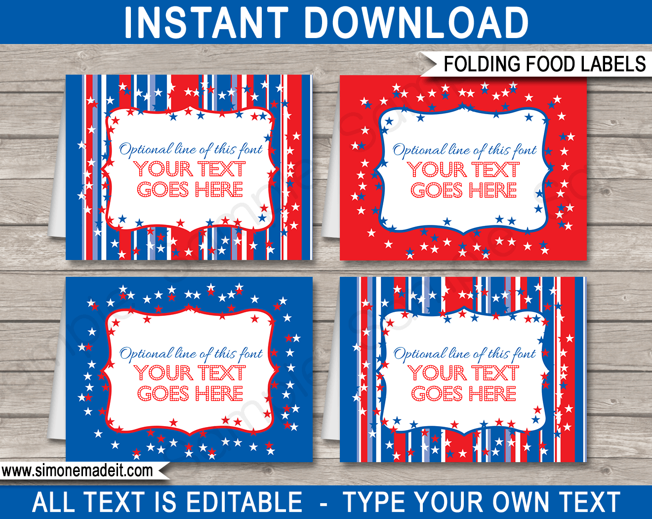 Printable 4th July Party Food Labels | Food Buffet Tags | Tent Cards | Place Cards | July 4th Theme Party Decorations | DIY Editable Template | Instant Download via simonemadeit.com