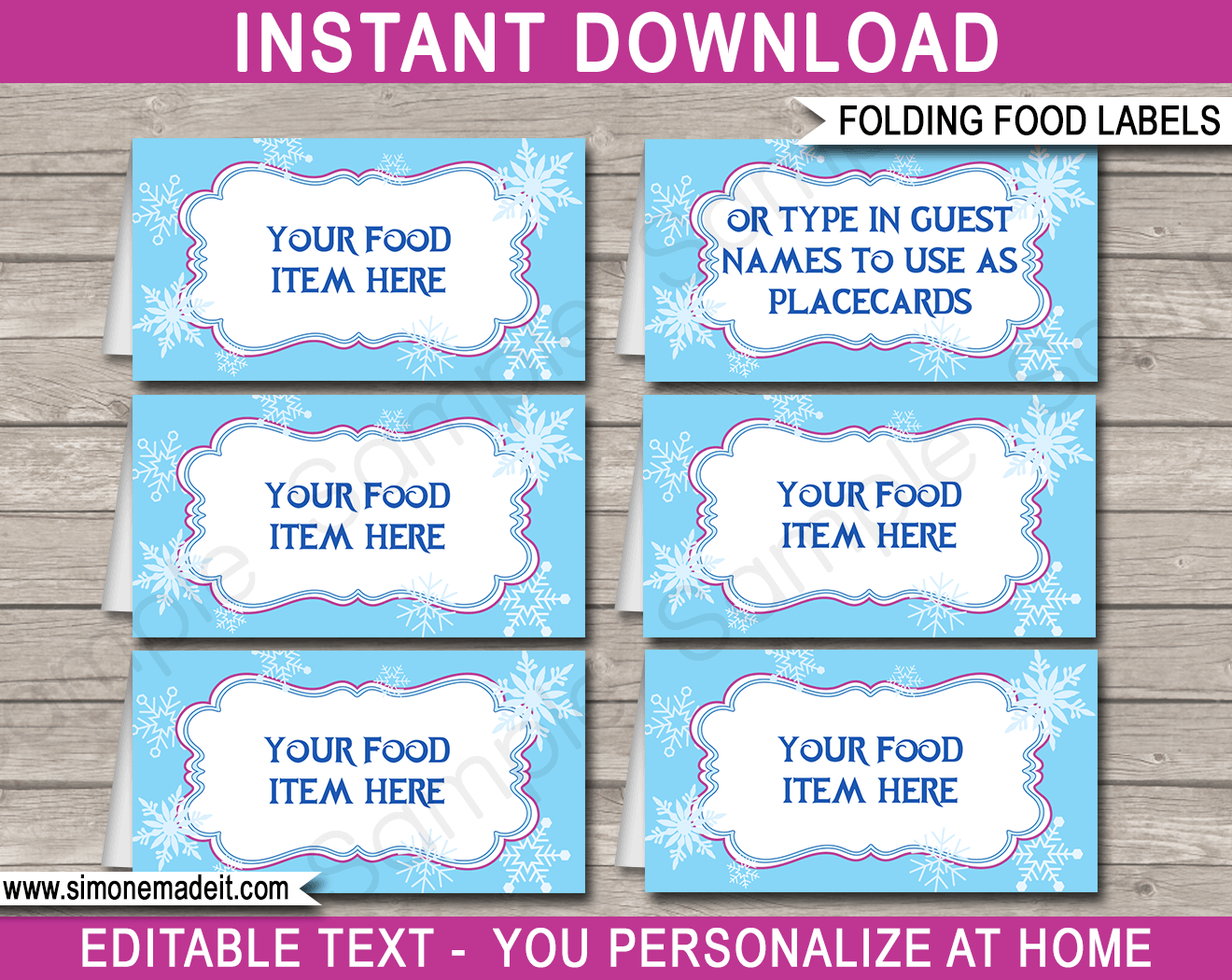 Printable Frozen Party Food Labels | Food Buffet Tags | Tent Cards | Place Cards | Winter Theme Birthday Party Decorations | DIY Editable Template | Instant Download via simonemadeit.com
