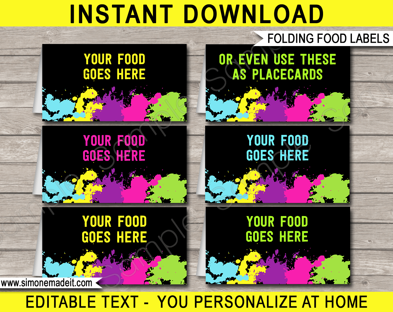Printable Neon Glow Party Food Labels | Food Buffet Tags | Tent Cards | Place Cards | Glow Theme Birthday Party Decorations | DIY Editable Template | Instant Download via simonemadeit.com