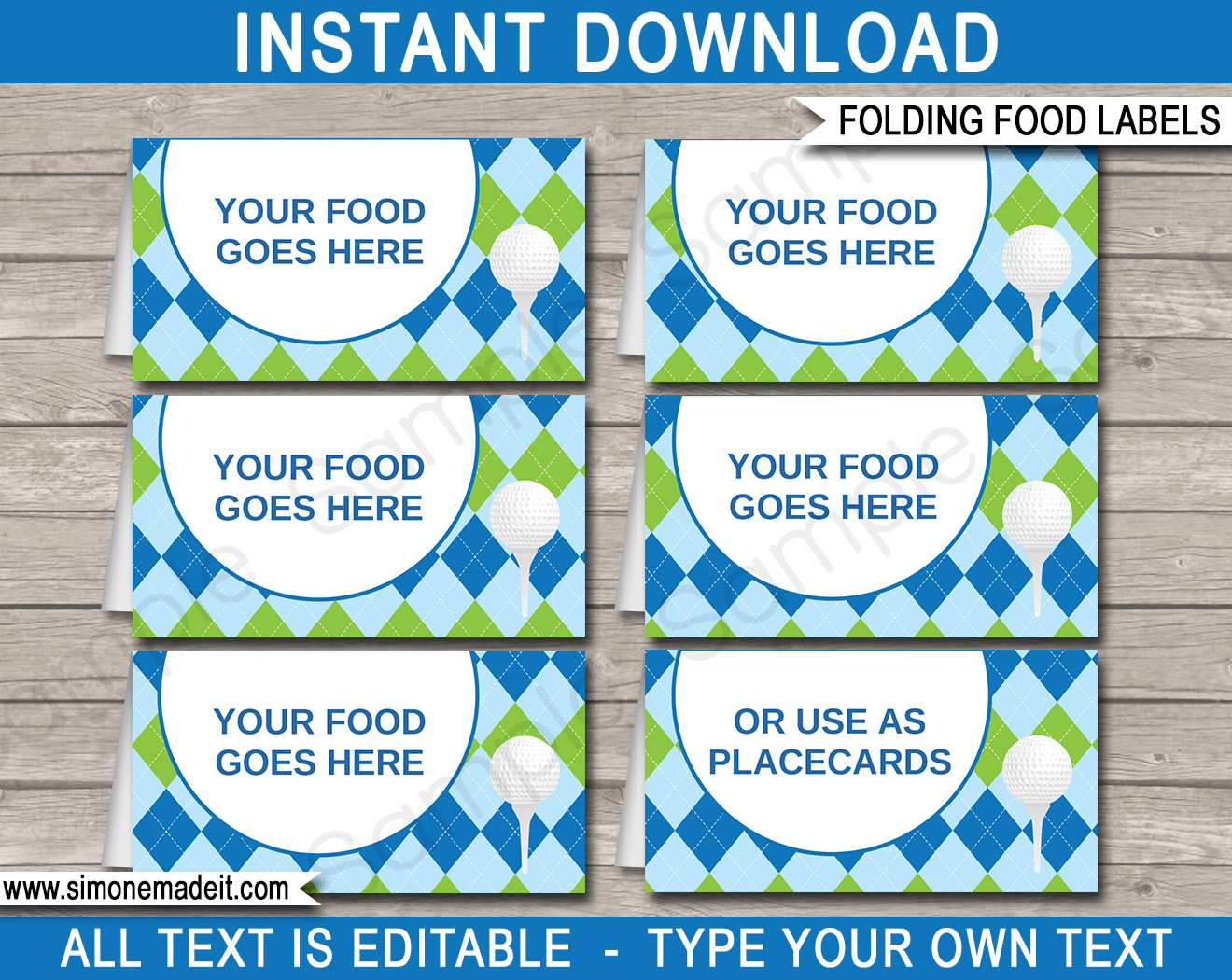 Printable Golf Party Food Labels | Food Buffet Tags | Tent Cards | Place Cards | Golf Theme Birthday Party Decorations | DIY Editable Template | Instant Download via simonemadeit.com