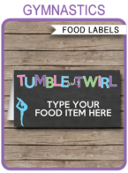 Printable Gymnastics Party Food Labels | Food Buffet Tags | Tent Cards | Place Cards | Gymnastics Theme Birthday Party Decorations | DIY Editable Template | Instant Download via simonemadeit.com