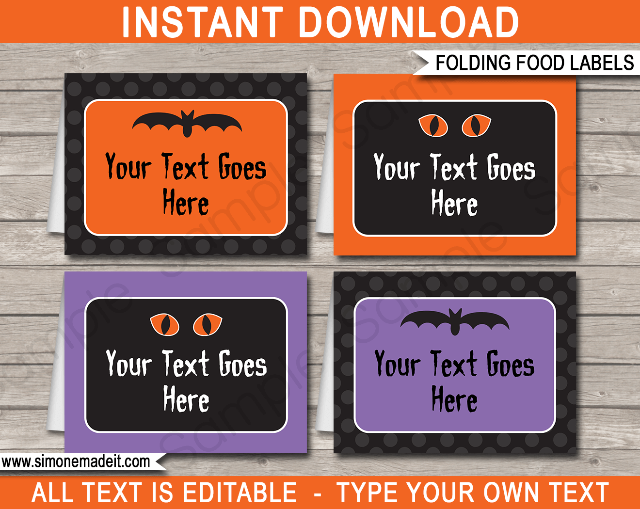 Printable Halloween Food Labels | Food Buffet Tags | Tent Cards | Place Cards | Halloween Theme Party Decorations | DIY Editable Template | Instant Download via simonemadeit.com