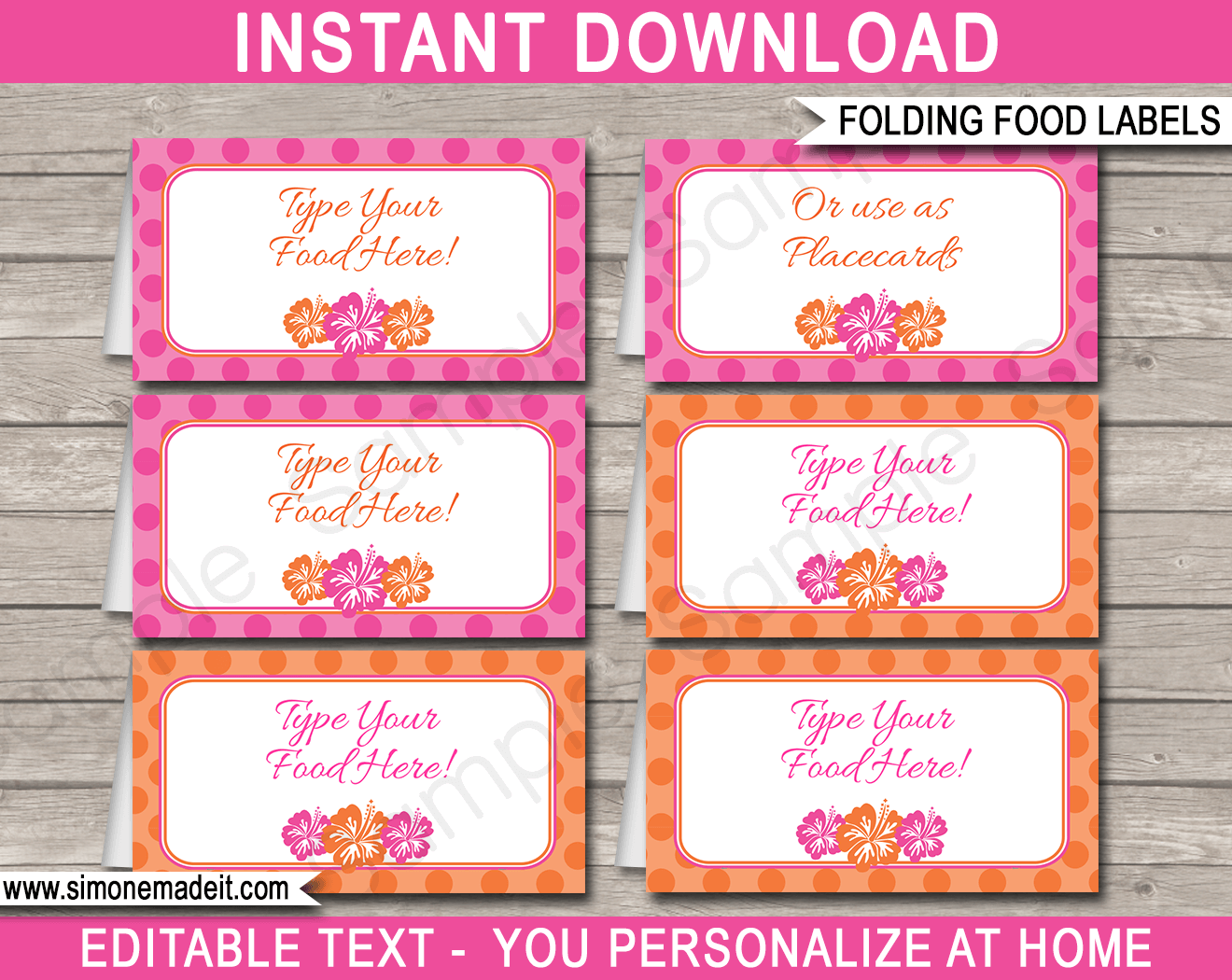 Printable Hawaiian Luau Party Food Labels | Food Buffet Tags | Tent Cards | Place Cards | Hawaiian Luau Theme Birthday Party Decorations | DIY Editable Template | Instant Download via simonemadeit.com